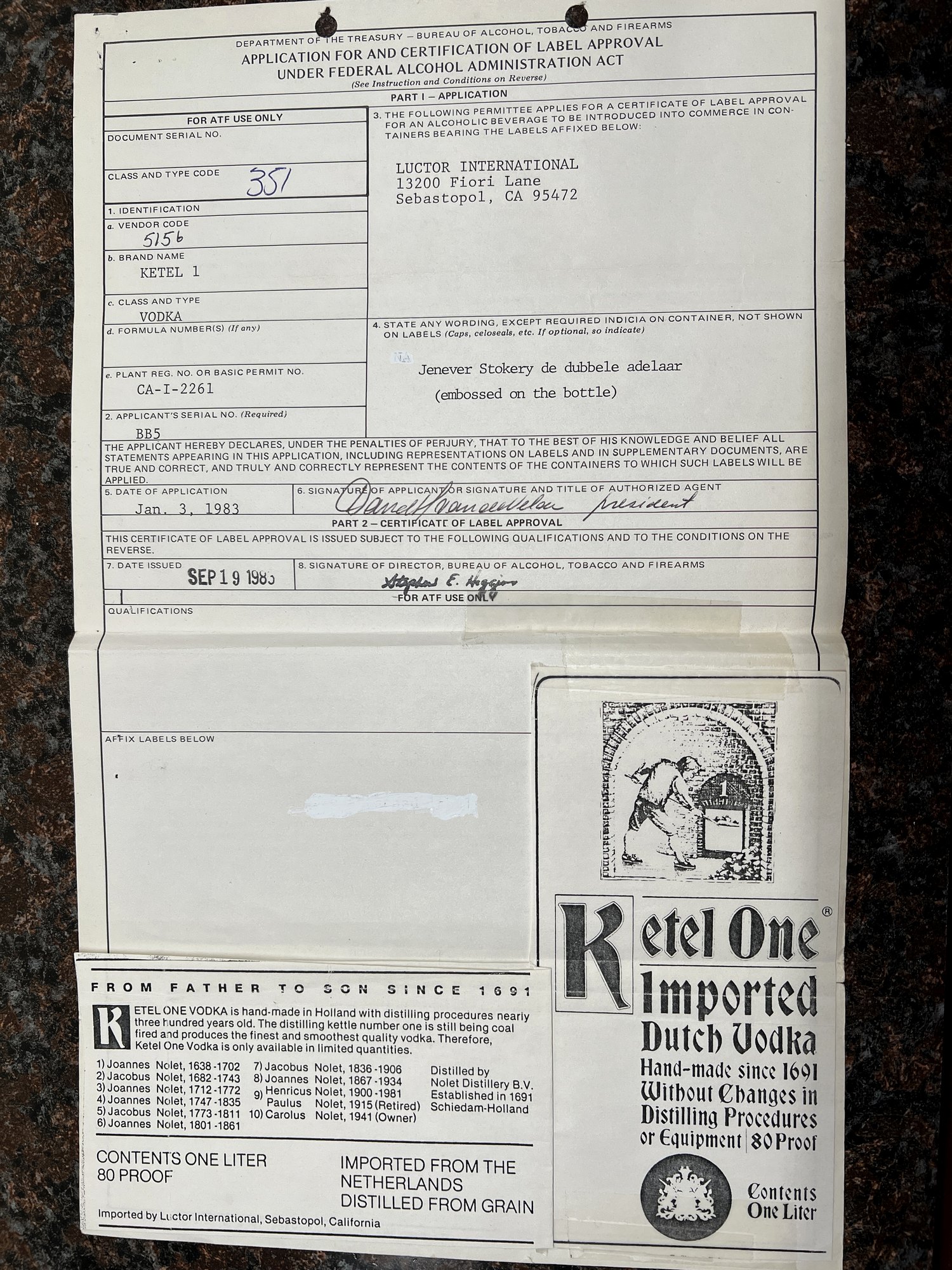 ATF Certificate of Label Approval — 'Ketel 1', 1983